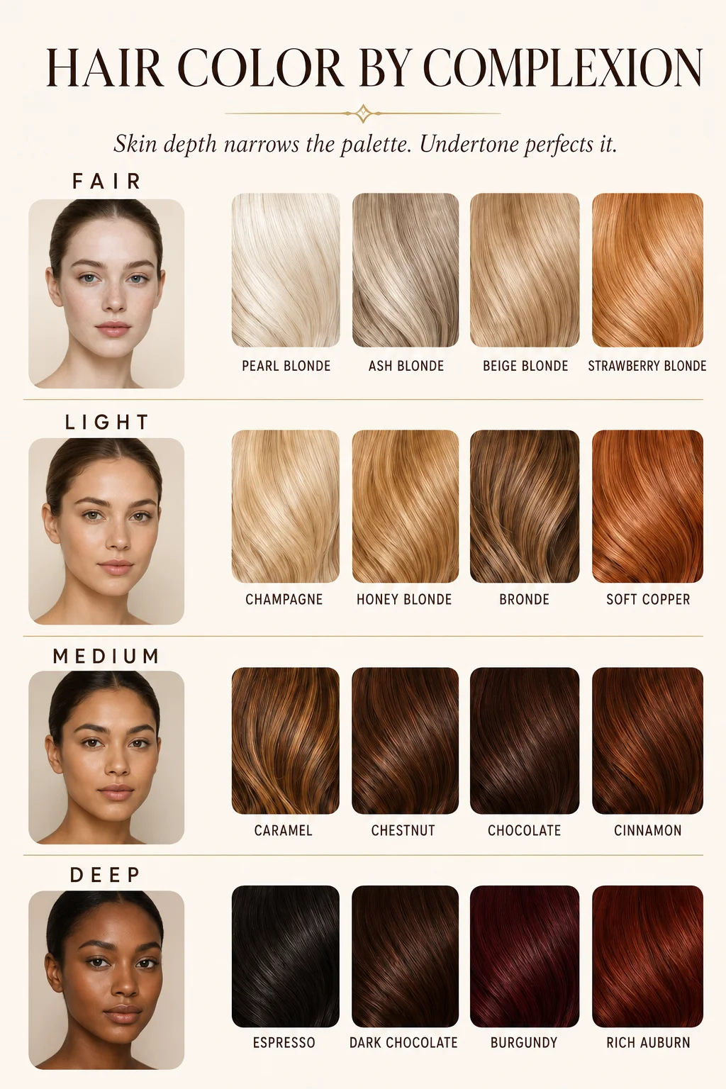Ashy, Golden, or Beige? How to Choose the Right Hair Color Tone for Your Skin 2 Hair color by complexion chart — best hair colors for fair, light, medium and deep skin tones, from Poza Salon in Charlotte NC