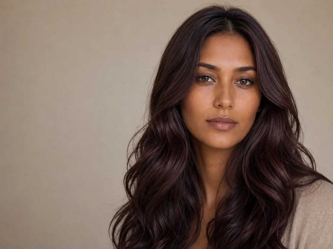 Level 4 mahogany brunette hair color on olive skin with cool undertones — Poza Salon hair color, Charlotte NC