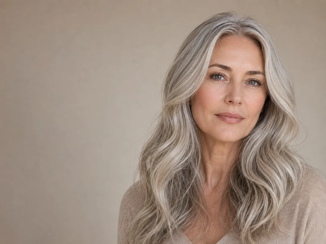 Pearl and platinum silver hair after gray blending on cool-toned skin — silver transition at Poza Salon, Charlotte