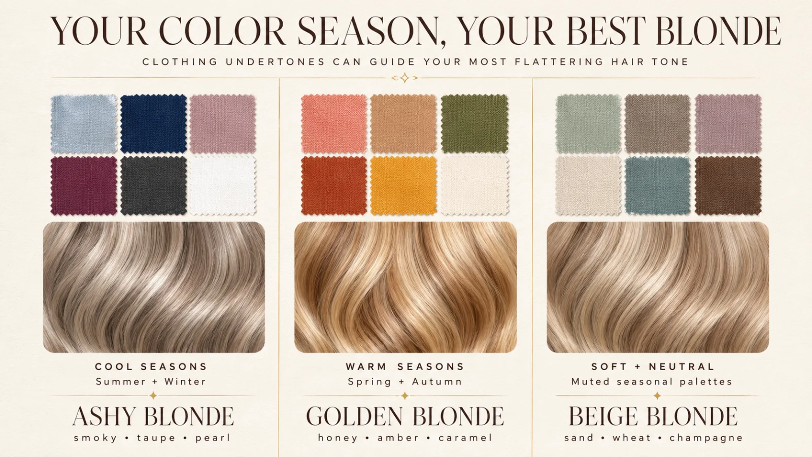 Ashy, Golden, or Beige? How to Choose the Right Hair Color Tone for Your Skin 1 Ashy, golden and beige blonde hair color compared against cool, warm and neutral color seasons — Poza Salon, Charlotte NC