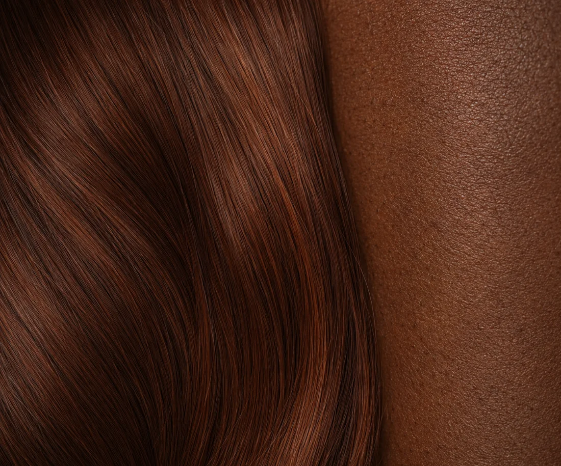 Rich auburn hair color next to deep warm skin — best hair color for deep skin with warm undertones