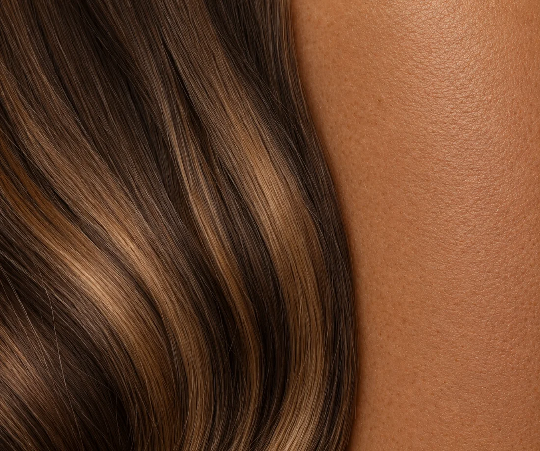 Caramel balayage hair color next to warm tan skin — dimensional hair color by a Charlotte hairstylist
