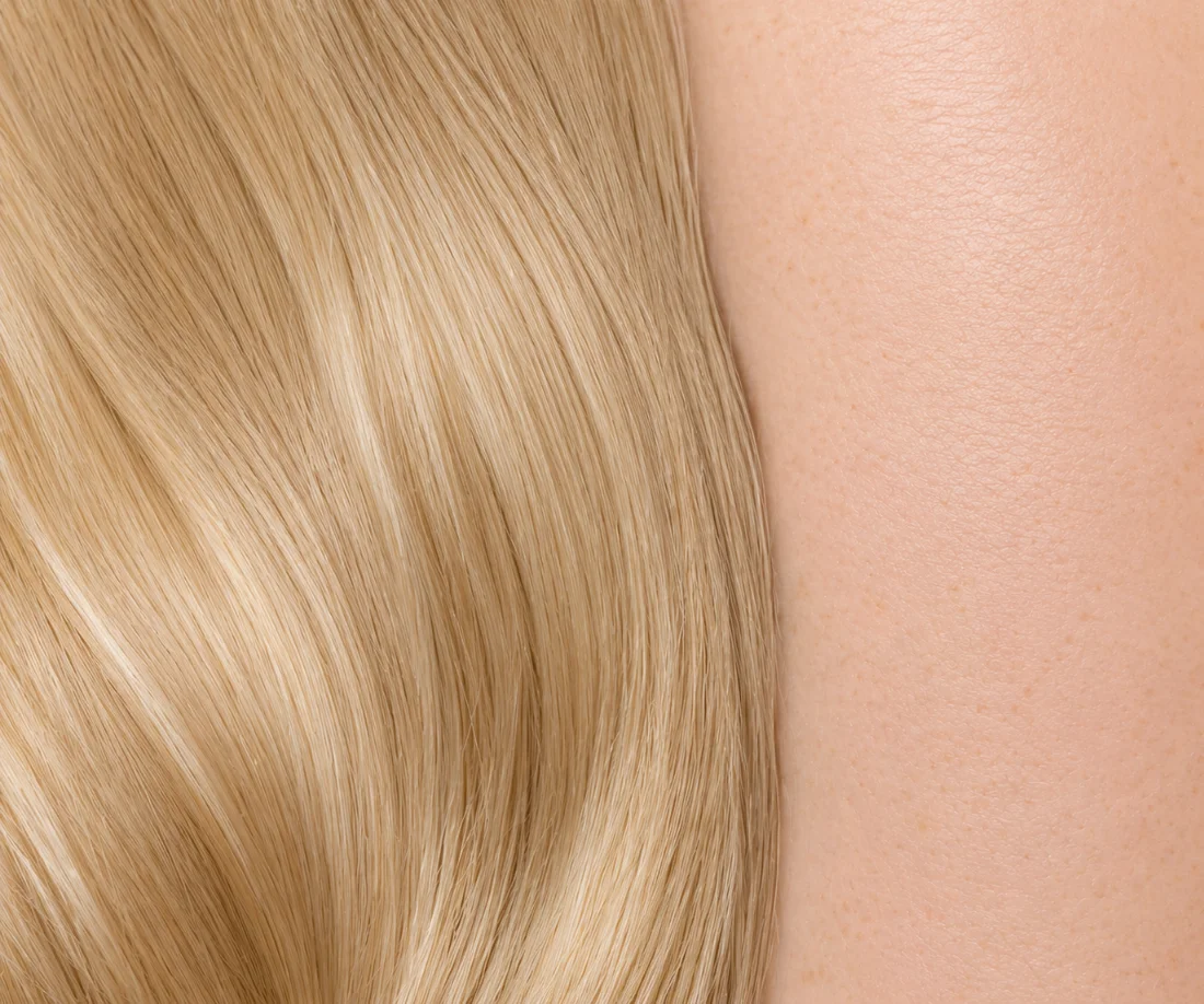 Level 8 golden blonde hair color next to fair, peachy warm skin — Poza Salon hair color, Charlotte