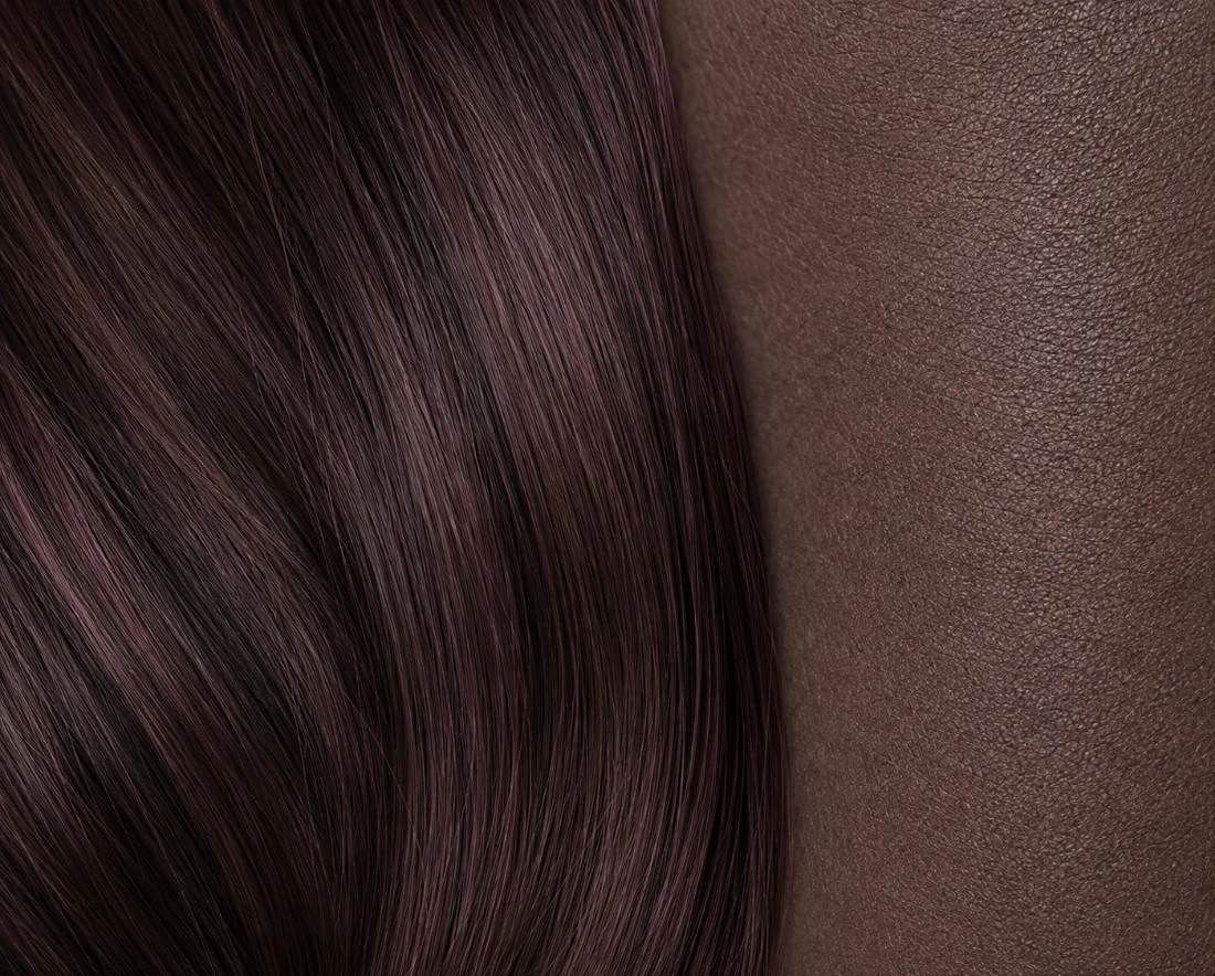 Cool mahogany plum brunette hair color next to deep cool skin — Poza Salon, Charlotte NC