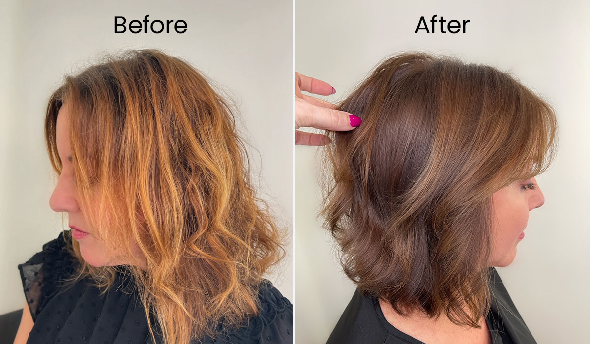 reverse balayage hair coloring before and after at Poza Salon, Charlotte NC